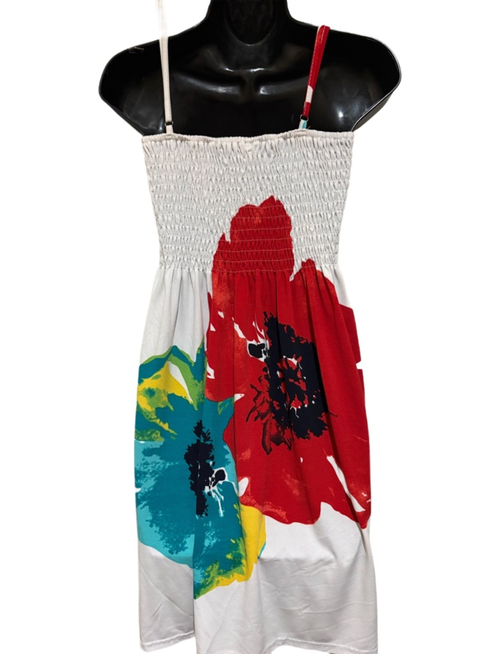 Swim Coverup / White Smocked Sundress with Large Red & Teal Floral Print❤️ - Picture 5 of 5